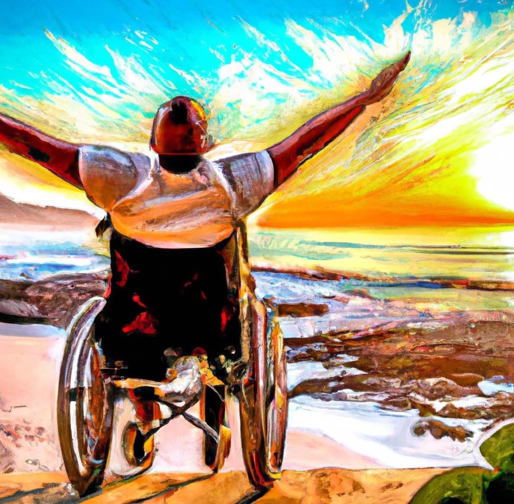 A smiling wheelchair user outdoors