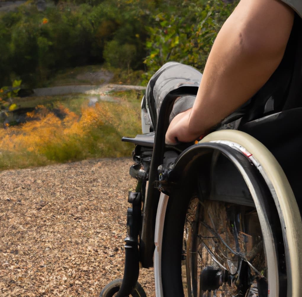 A wheelchair user on an outdoor trail beside a creek